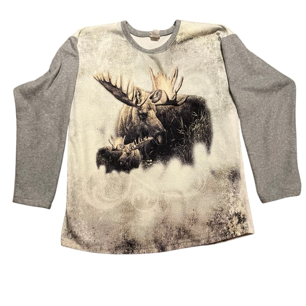 Vintage All‎ Over Print Gray Moose Graphic Crew Neck Fleece Made in USA XXL